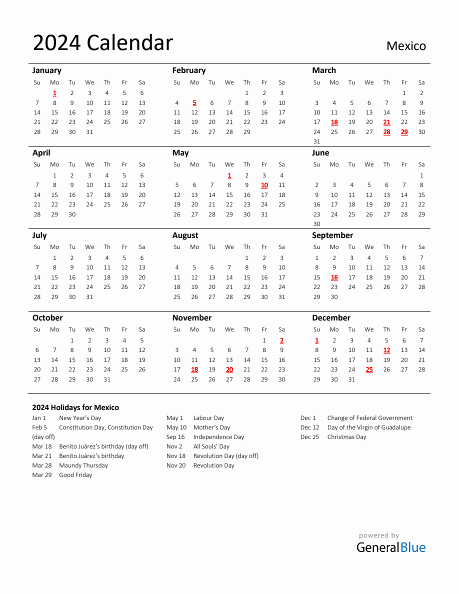 Standard Holiday Calendar for 2024 with Mexico Holidays