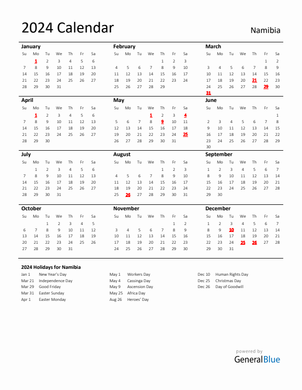 Standard Holiday Calendar for 2024 with Namibia Holidays 
