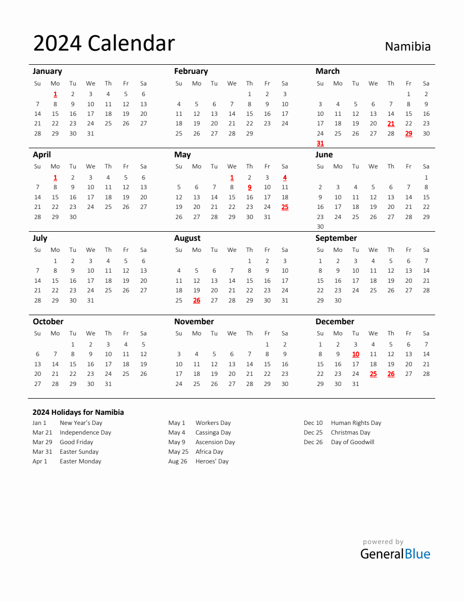 Standard Holiday Calendar For 2024 With Namibia Holidays   2024 Calendar Standard With Holidays Portrait Sunday Start En Na 918x1188 