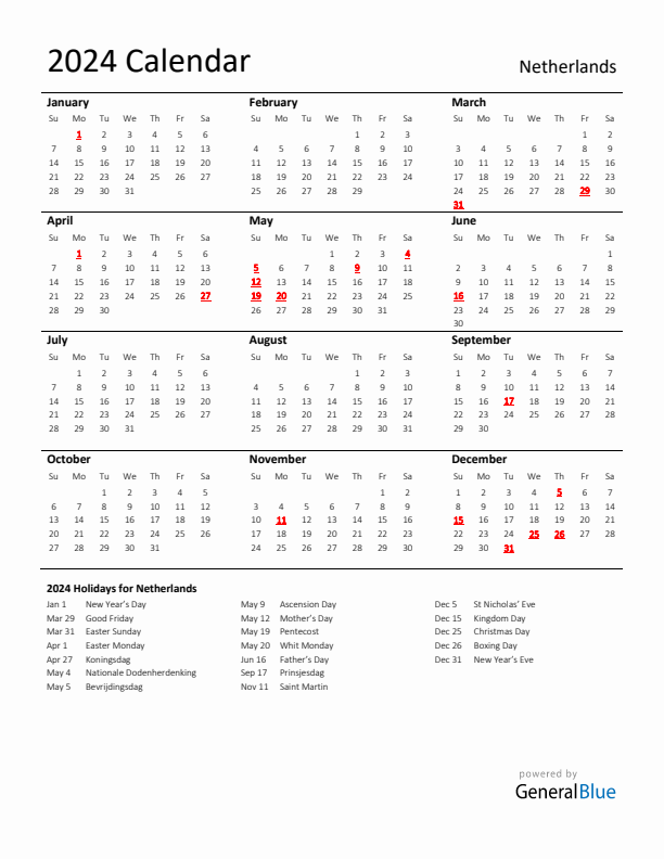 Standard Holiday Calendar for 2024 with The Netherlands Holidays 