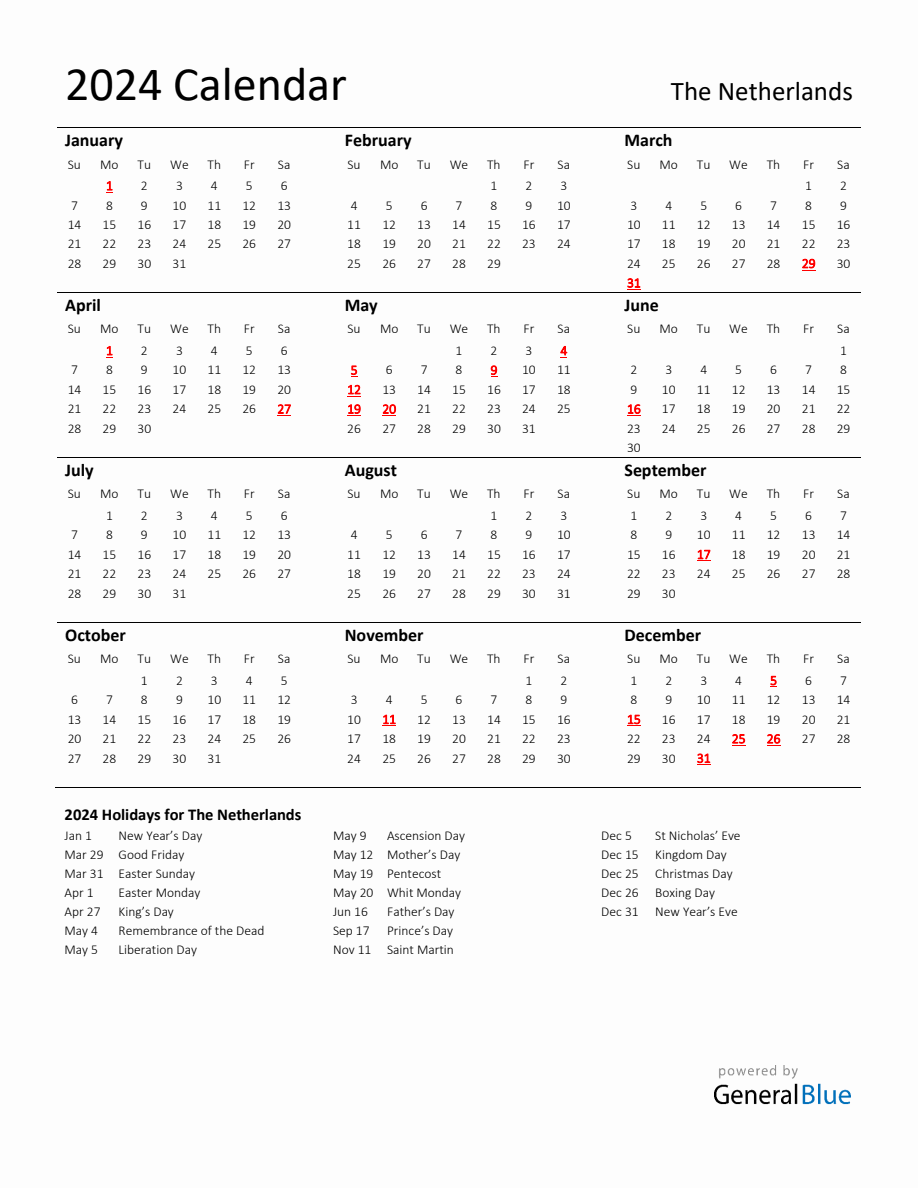 Standard Holiday Calendar for 2024 with The Netherlands Holidays