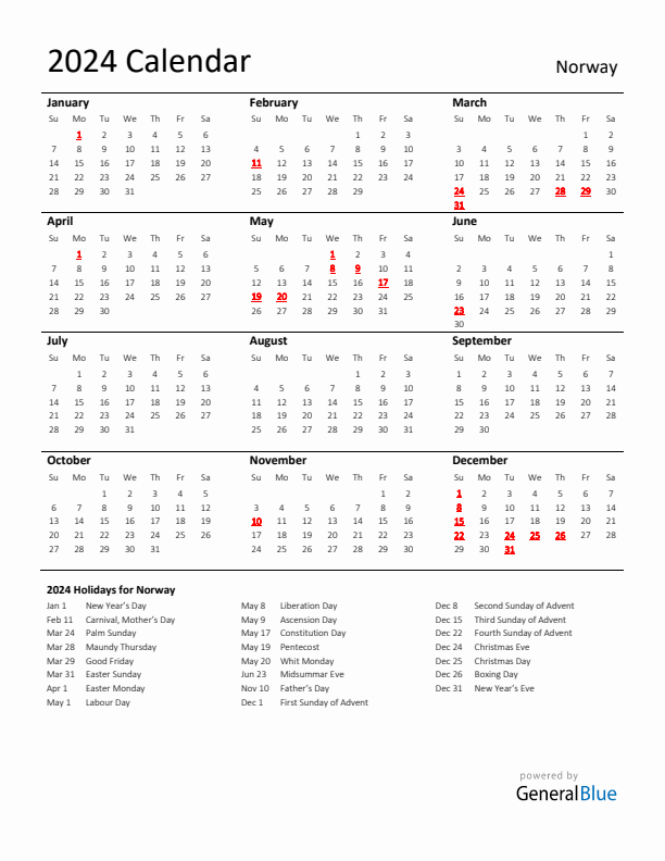 Standard Holiday Calendar for 2024 with Norway Holidays 