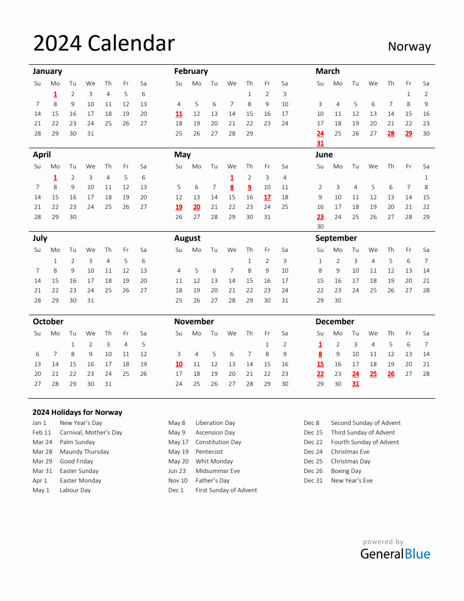 Standard Holiday Calendar for 2024 with Norway Holidays