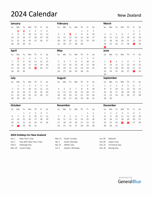 Standard Holiday Calendar for 2024 with New Zealand Holidays 