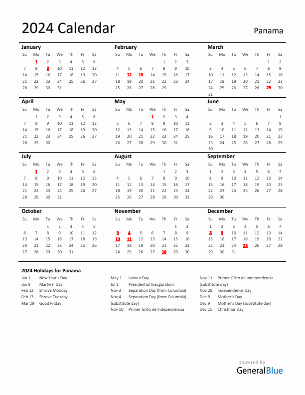 Standard Holiday Calendar for 2024 with Panama Holidays 