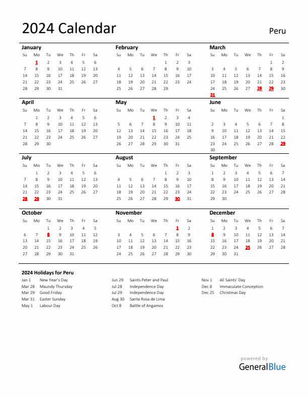 Standard Holiday Calendar for 2024 with Peru Holidays 