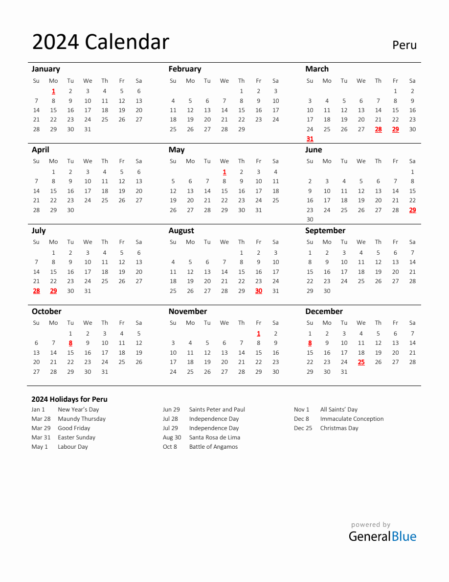 Standard Holiday Calendar for 2024 with Peru Holidays