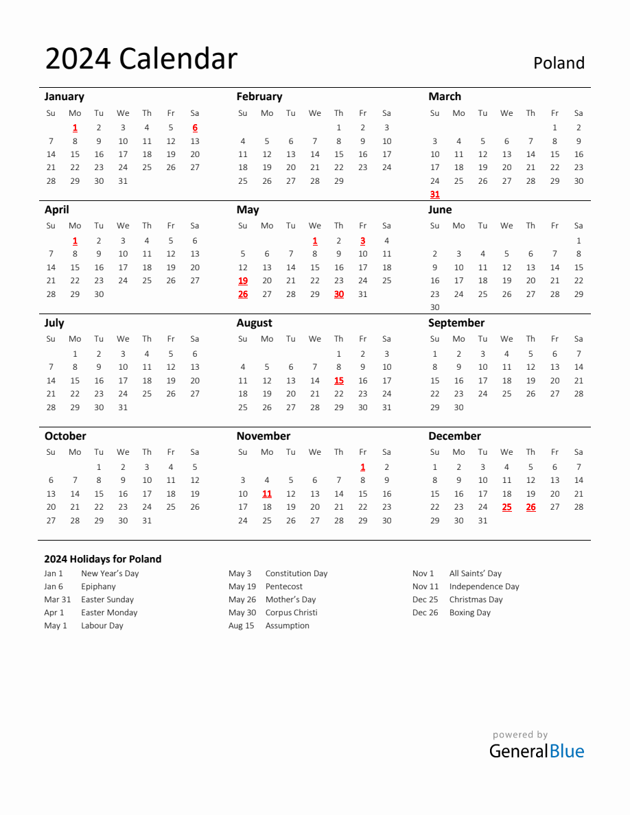 Standard Holiday Calendar for 2024 with Poland Holidays
