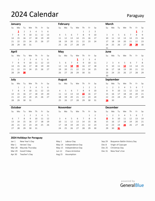 Standard Holiday Calendar for 2024 with Paraguay Holidays