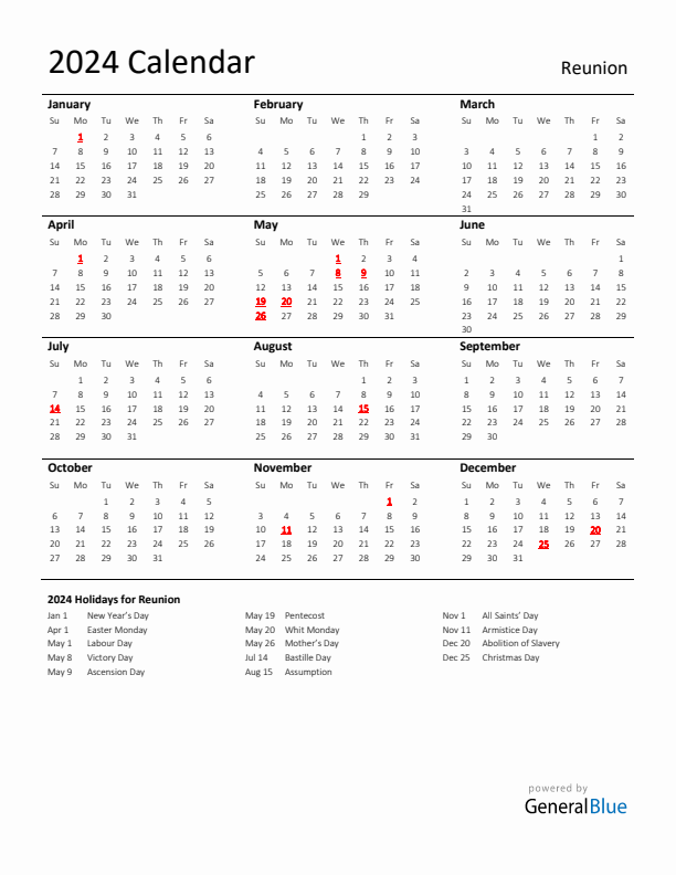 Standard Holiday Calendar for 2024 with Reunion Holidays 