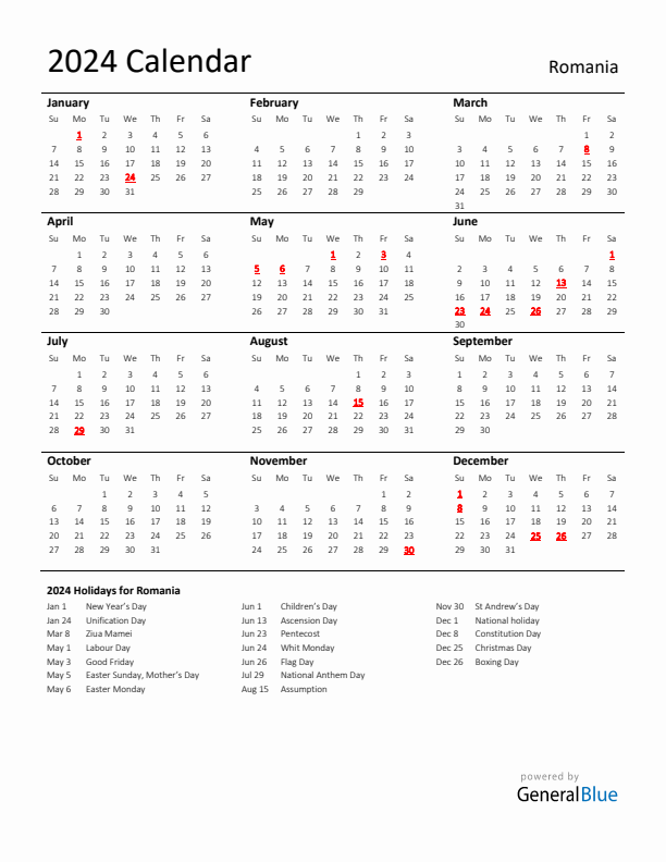 Standard Holiday Calendar for 2024 with Romania Holidays 