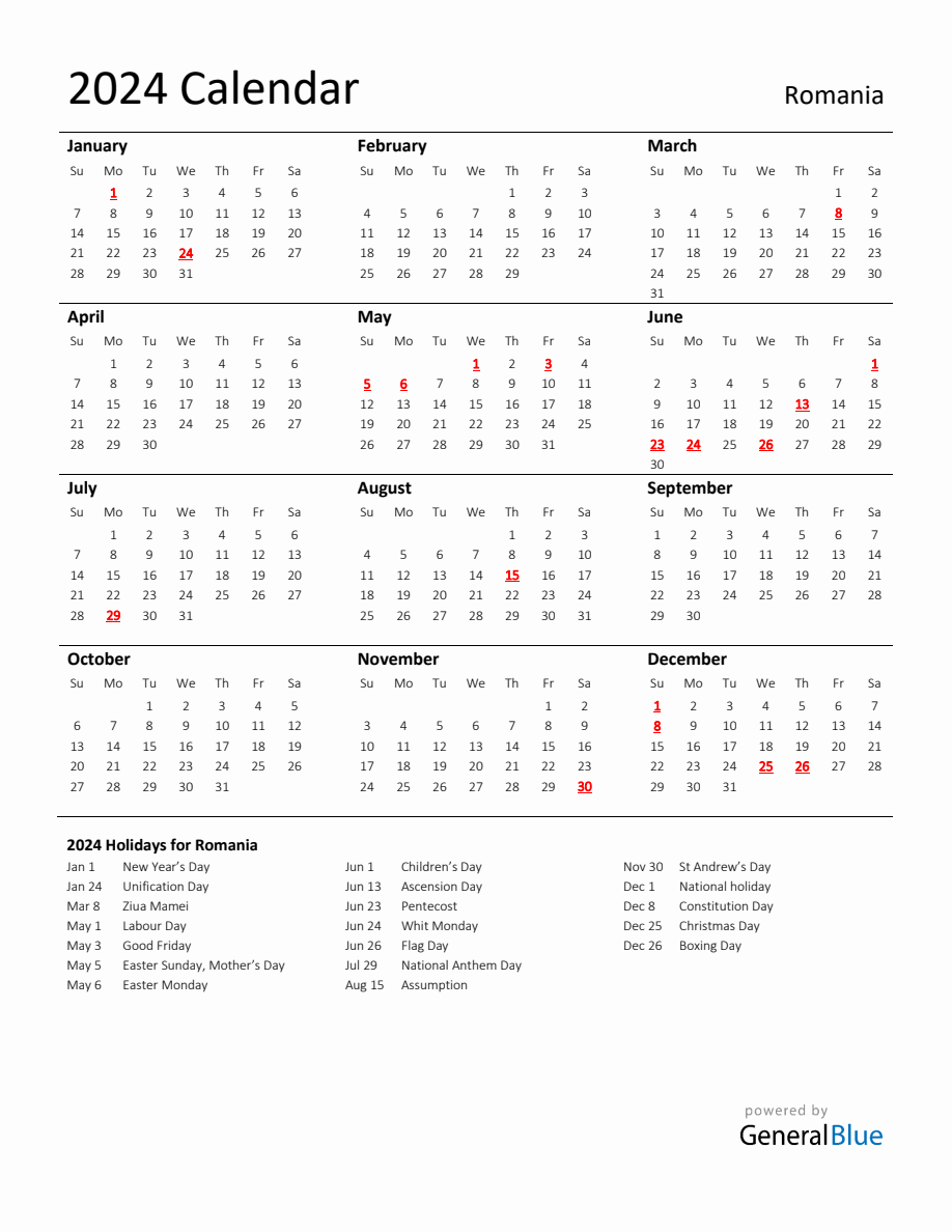Standard Holiday Calendar for 2024 with Romania Holidays