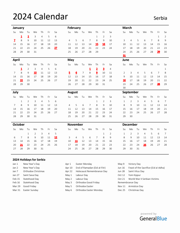Standard Holiday Calendar for 2024 with Serbia Holidays 