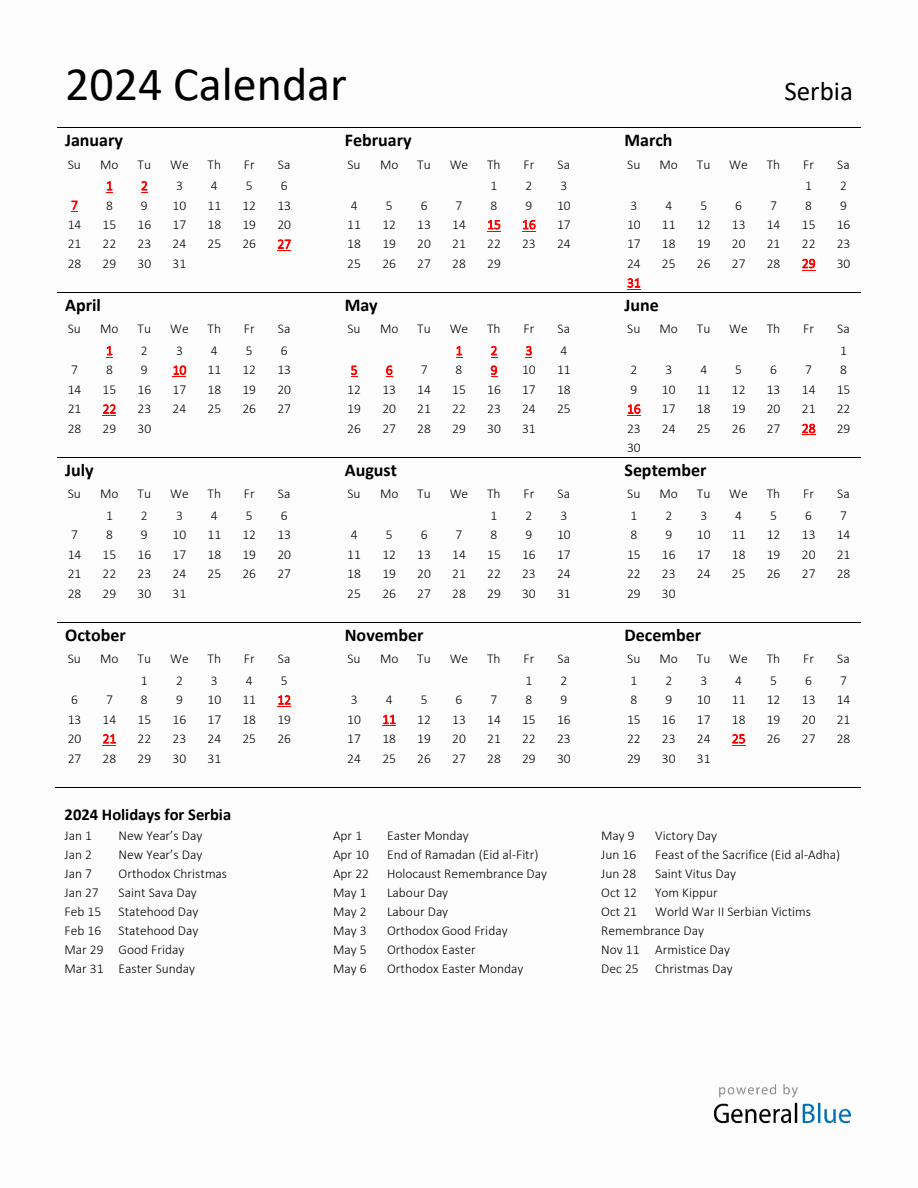 Standard Holiday Calendar for 2024 with Serbia Holidays