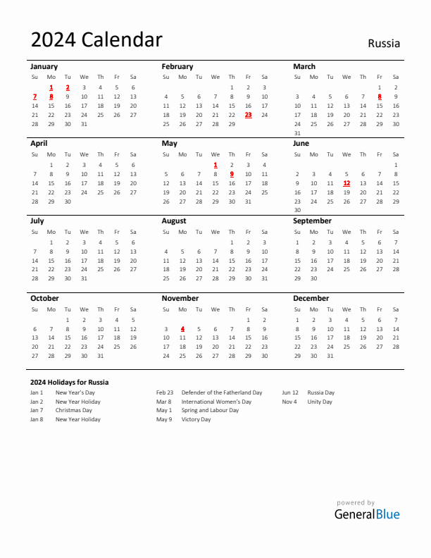 Standard Holiday Calendar for 2024 with Russia Holidays 