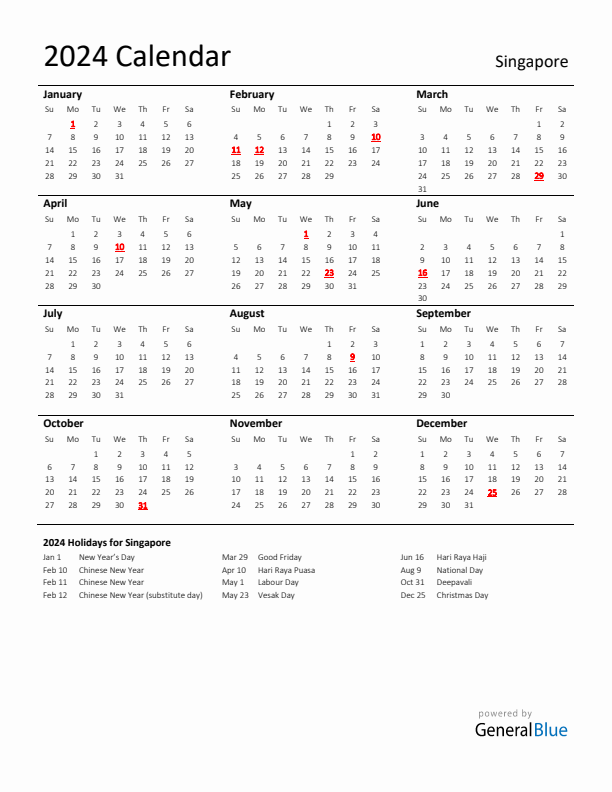 Standard Holiday Calendar for 2024 with Singapore Holidays 