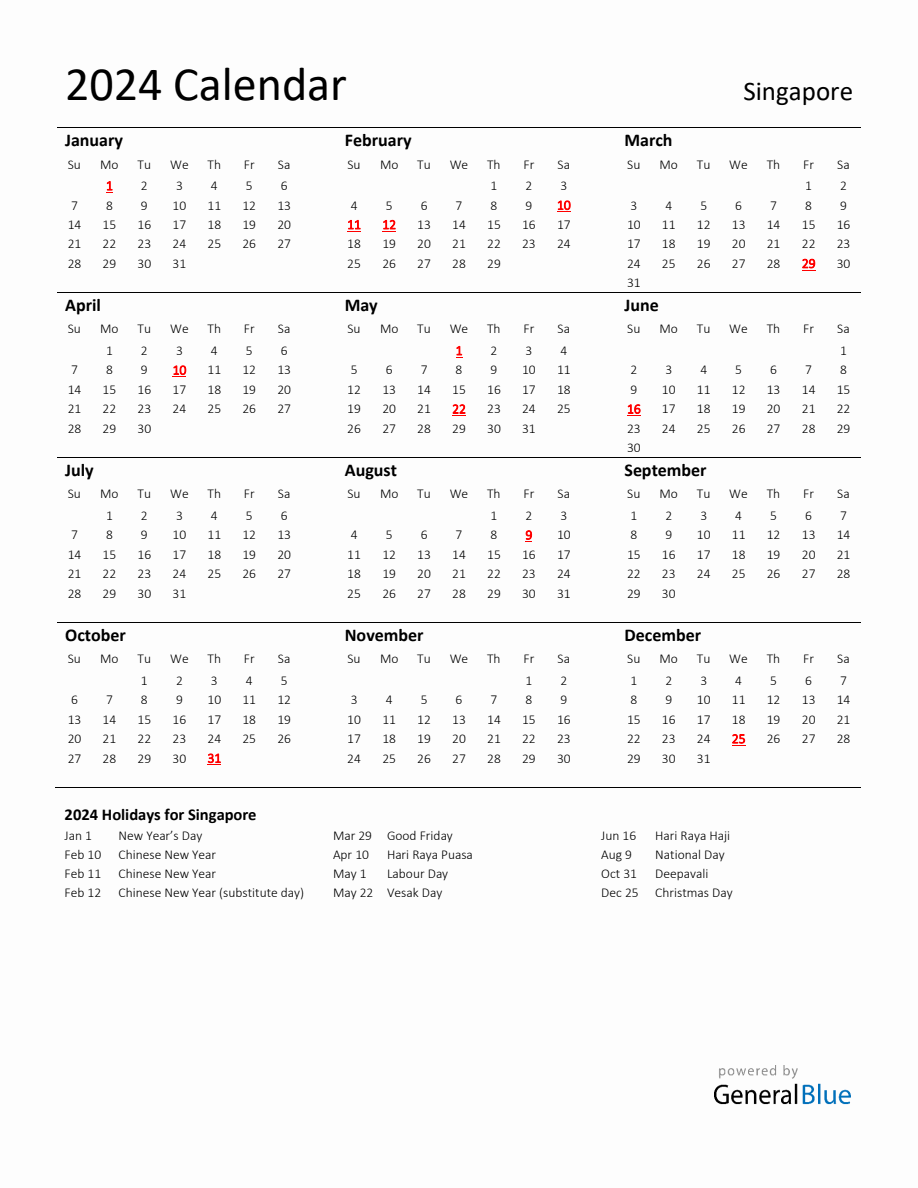 Standard Holiday Calendar for 2024 with Singapore Holidays