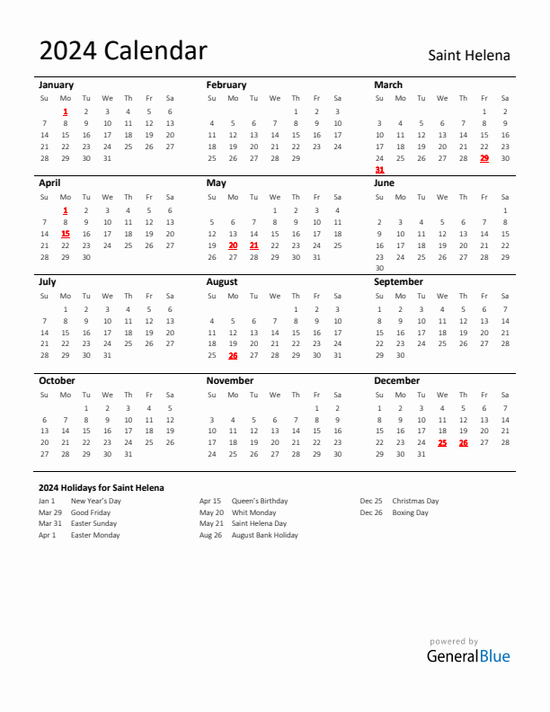 Standard Holiday Calendar for 2024 with Saint Helena Holidays 