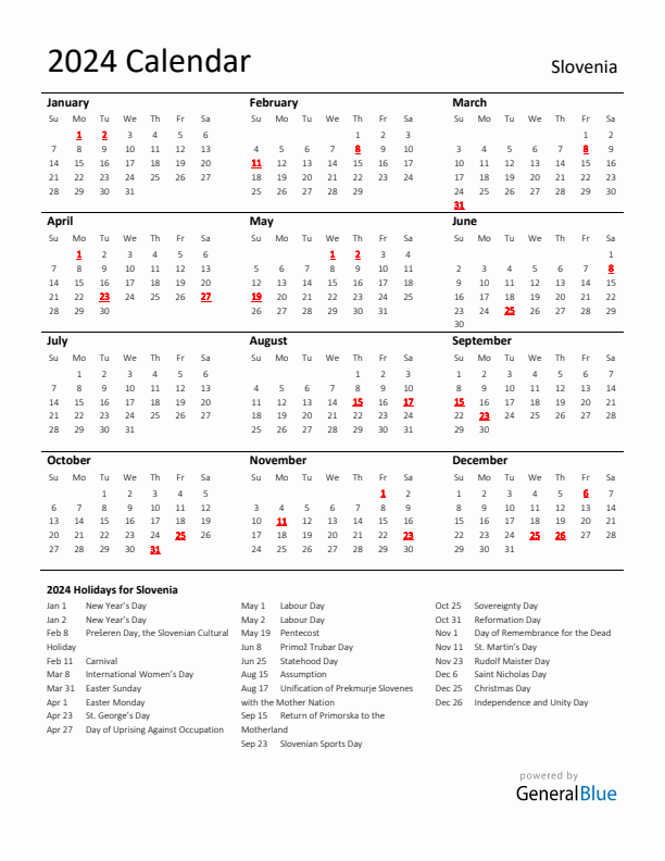 Standard Holiday Calendar for 2024 with Slovenia Holidays 