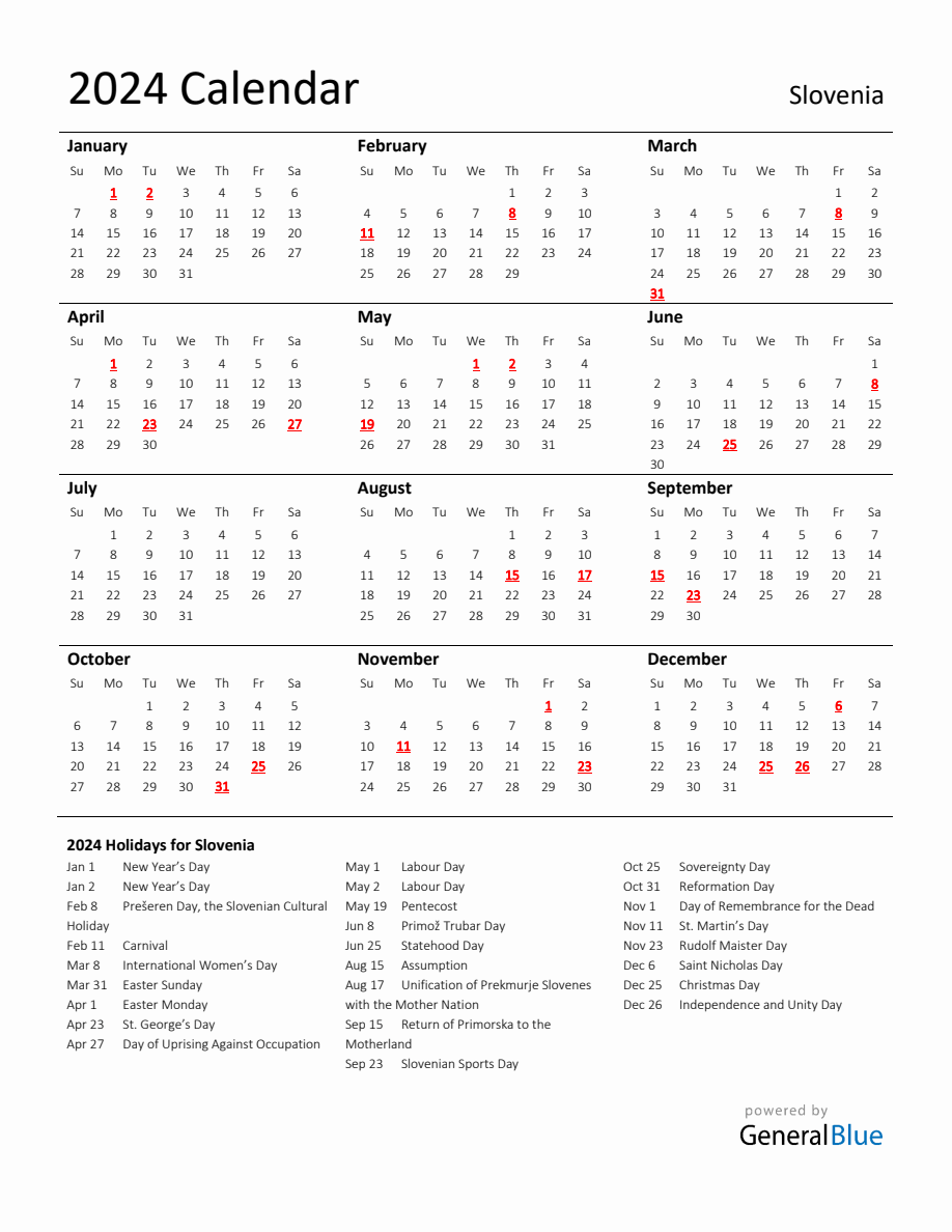 Standard Holiday Calendar for 2024 with Slovenia Holidays