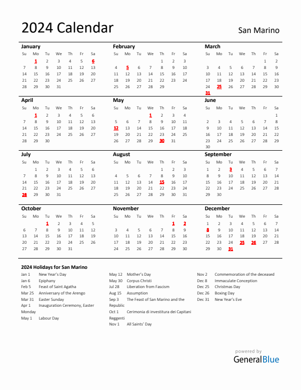 Standard Holiday Calendar for 2024 with San Marino Holidays