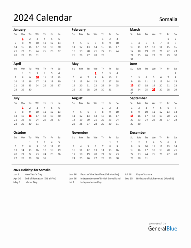 Standard Holiday Calendar for 2024 with Somalia Holidays 