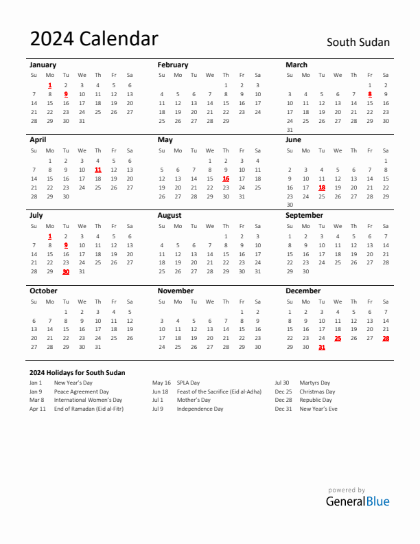 Standard Holiday Calendar for 2024 with South Sudan Holidays 
