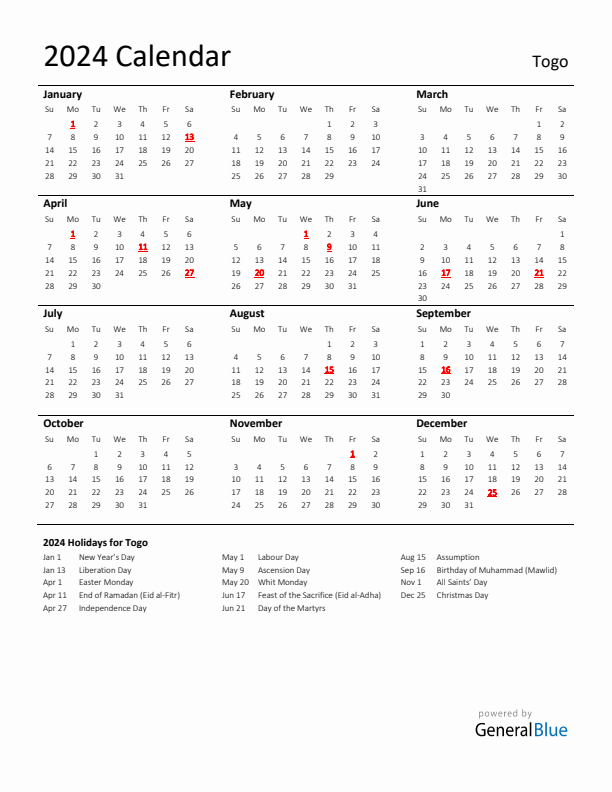 Standard Holiday Calendar for 2024 with Togo Holidays 