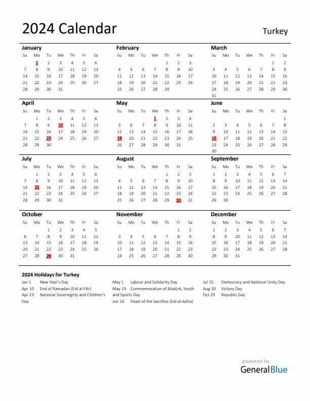 Standard Holiday Calendar for 2024 with Turkey Holidays 