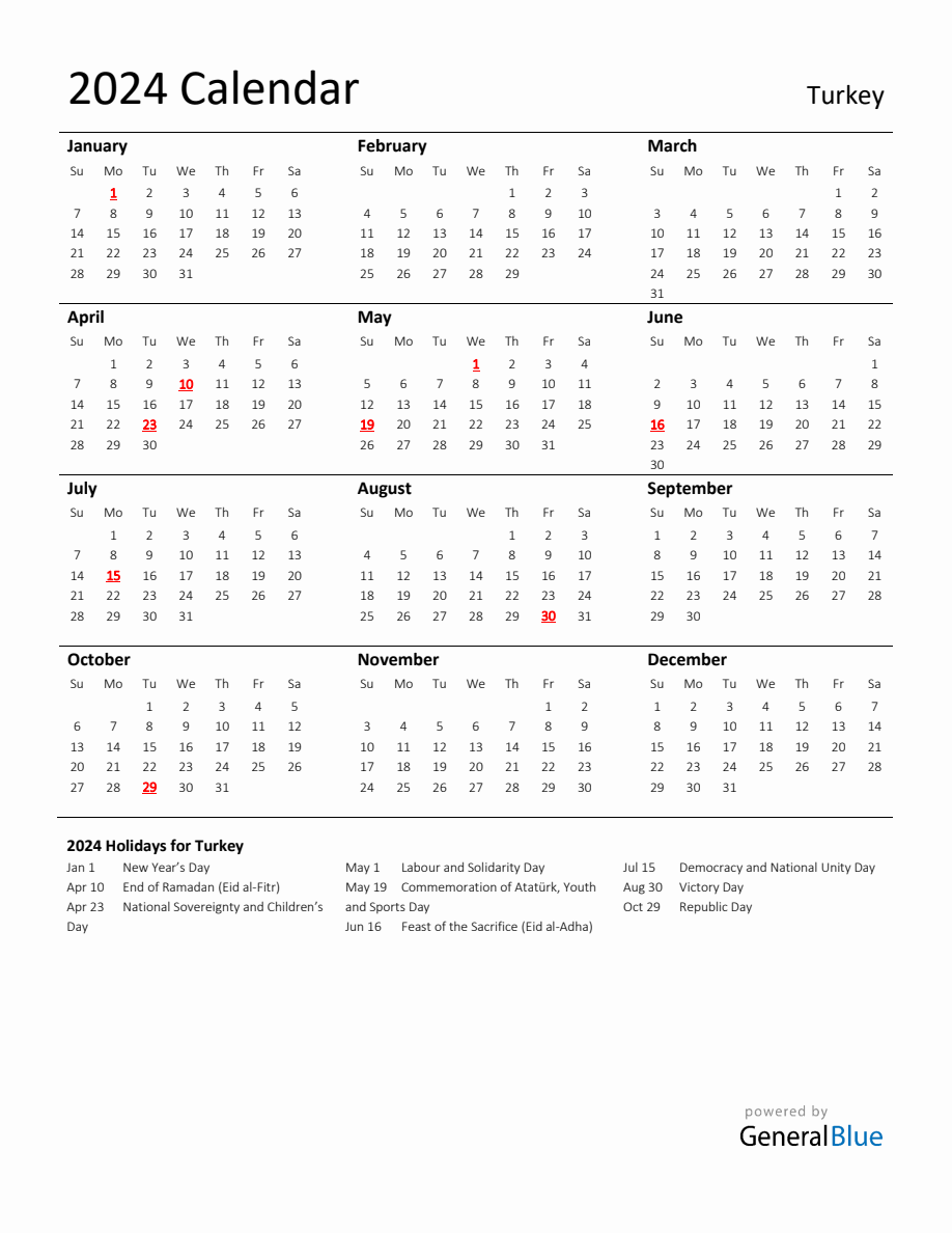 Standard Holiday Calendar for 2024 with Turkey Holidays