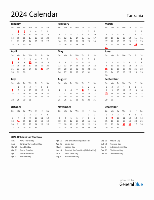 Standard Holiday Calendar for 2024 with Tanzania Holidays 