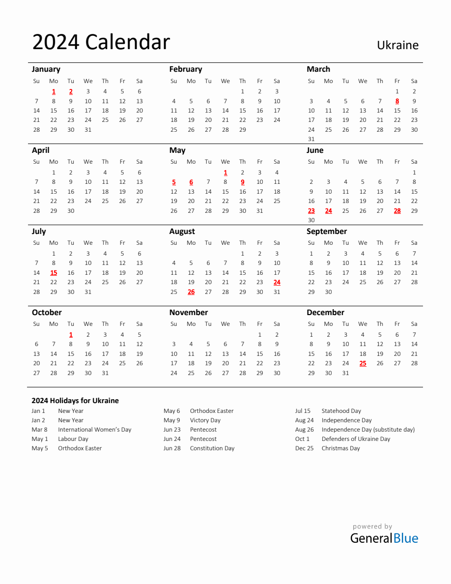 Standard Holiday Calendar for 2024 with Ukraine Holidays