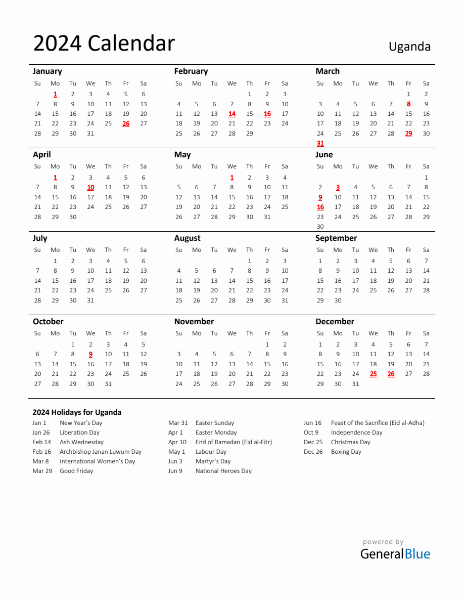 Standard Holiday Calendar for 2024 with Uganda Holidays