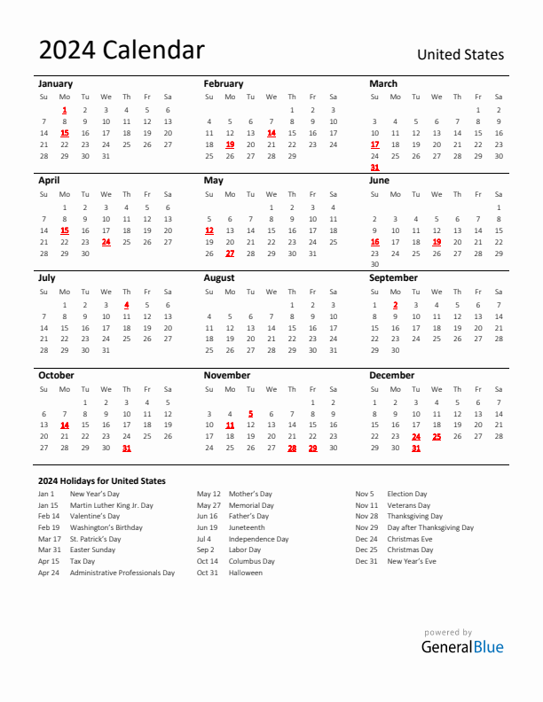 Standard Holiday Calendar for 2024 with United States Holidays 