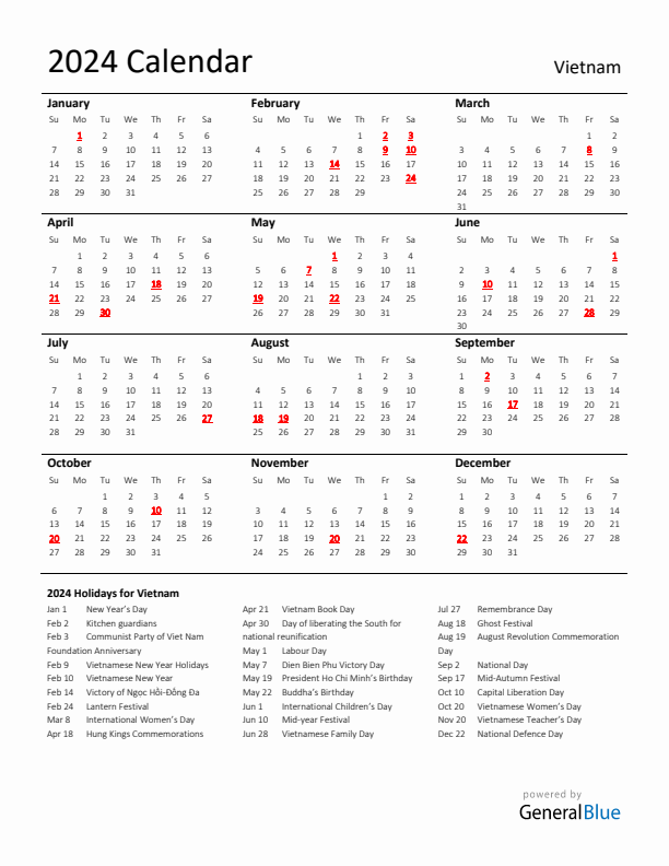 Standard Holiday Calendar for 2024 with Vietnam Holidays 