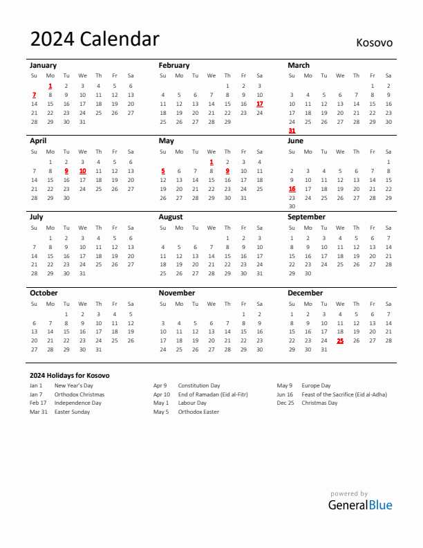 2024 Kosovo Calendar with Holidays