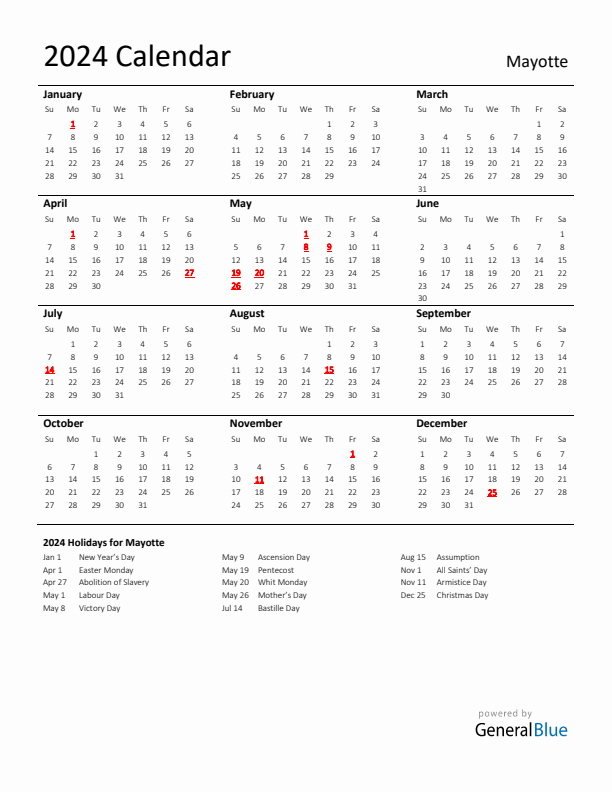 Standard Holiday Calendar for 2024 with Mayotte Holidays 