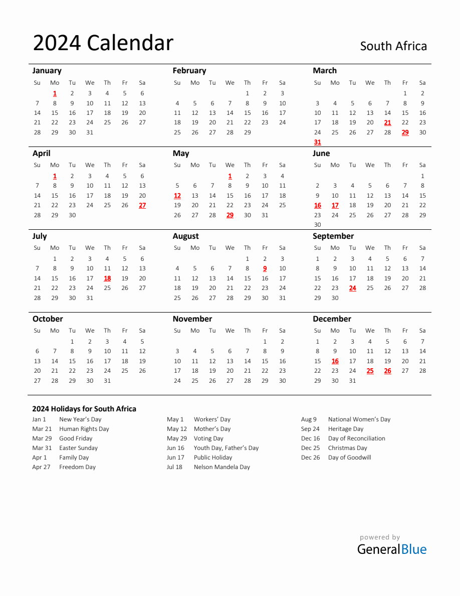 Standard Holiday Calendar for 2024 with South Africa Holidays