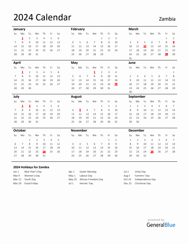 Standard Holiday Calendar for 2024 with Zambia Holidays 