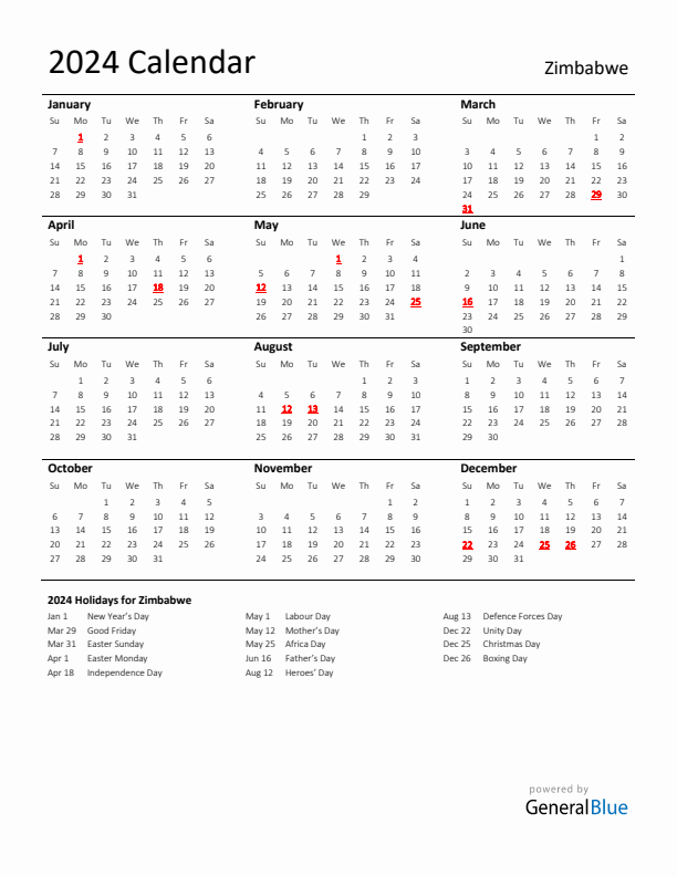 Standard Holiday Calendar for 2024 with Zimbabwe Holidays 