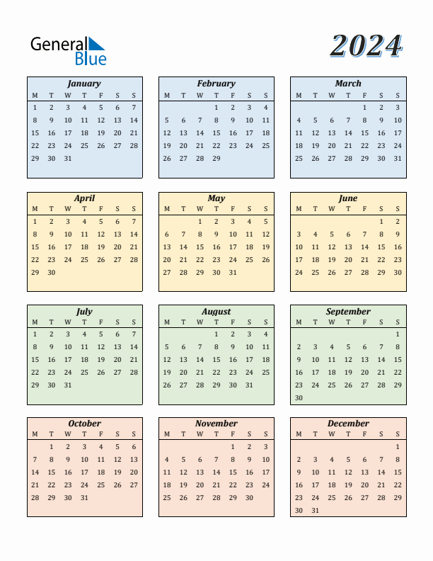 Calendar for 2024 (Monday Start)