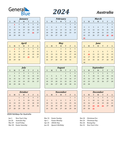 2024 Australia Calendar With Holidays