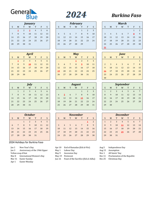 2024 Burkina Faso Calendar With Holidays   2024 Calendar Streamlined Colored With Holidays Portrait En Bf 510x660 