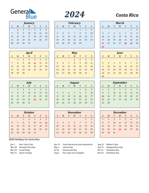 2024 Costa Rica Calendar with Holidays