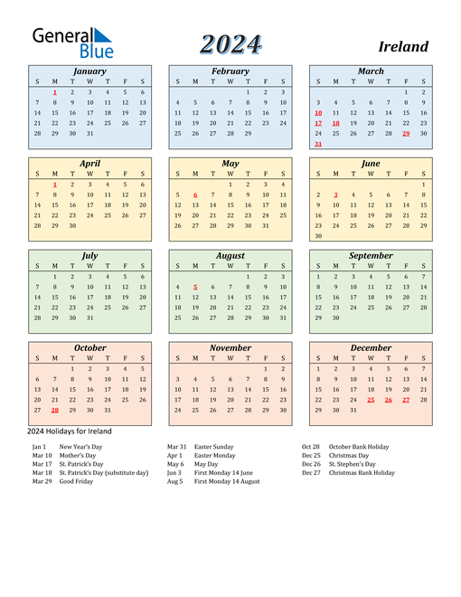 2024 Ireland Calendar with Holidays