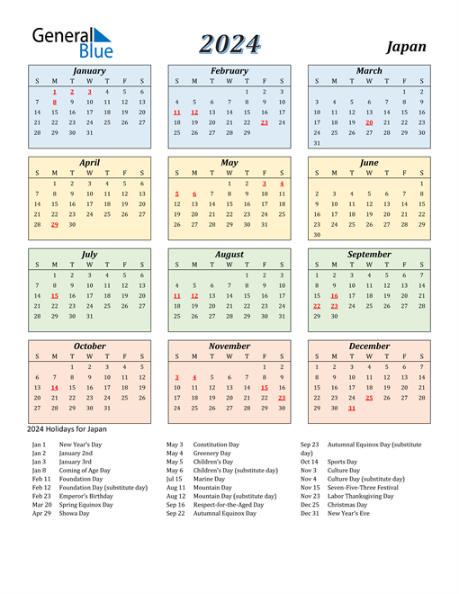 2024 Calendar Streamlined Colored With Holidays Portrait En Jp 510x660 