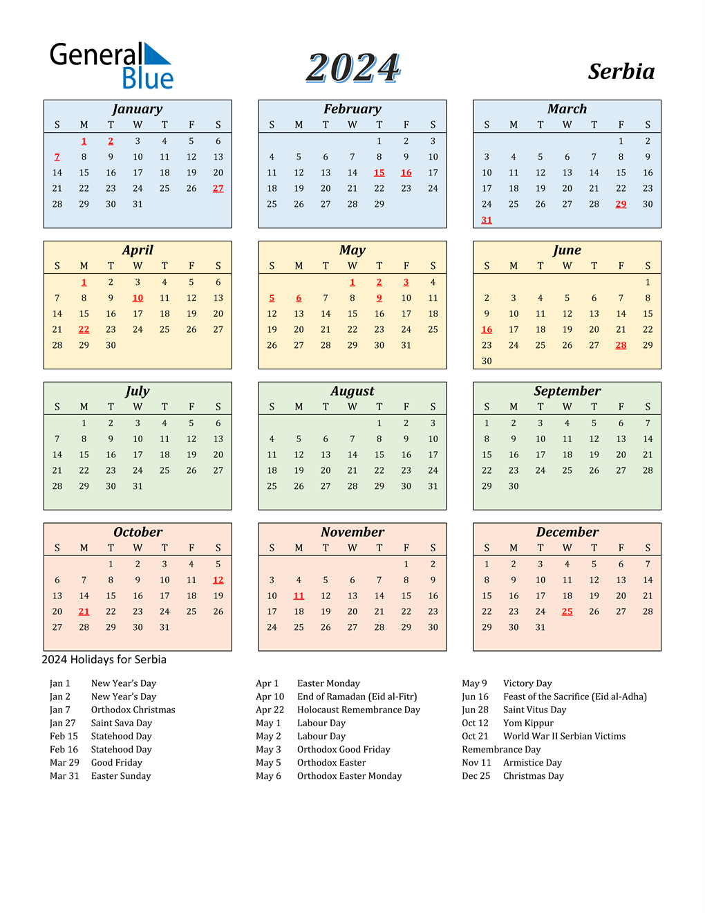 2024 Serbia Calendar with Holidays