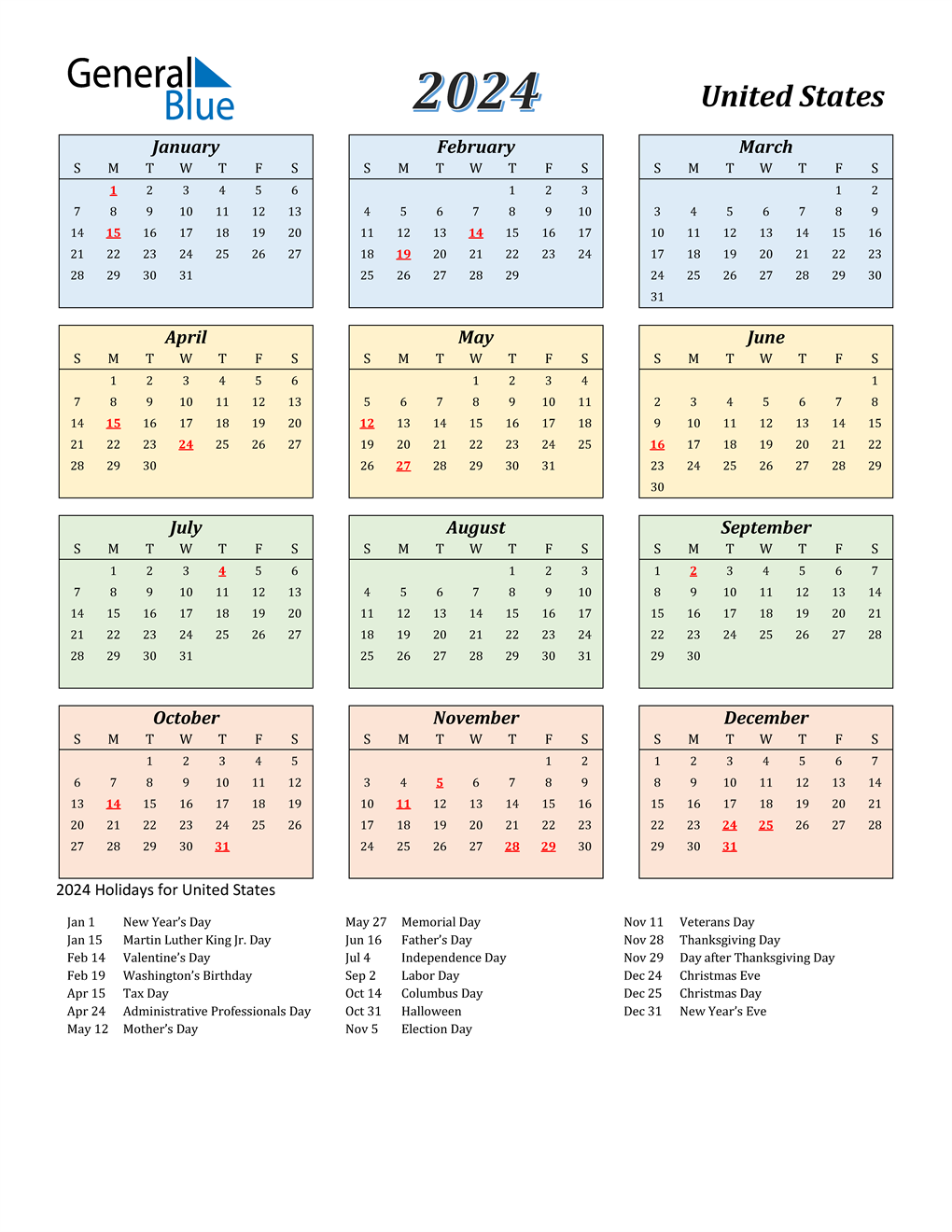 Free Printable 2024 Monthly Calendar With Us Holidays