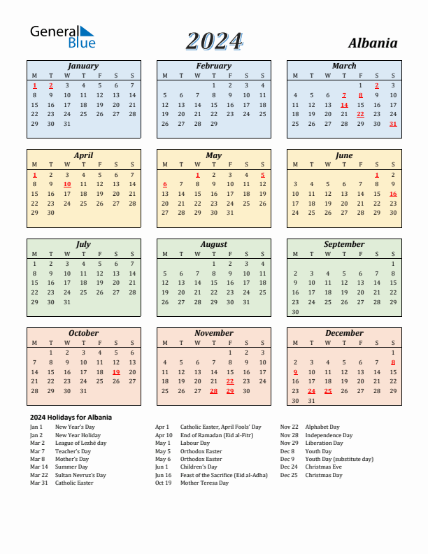 Albania Calendar 2024 with Monday Start