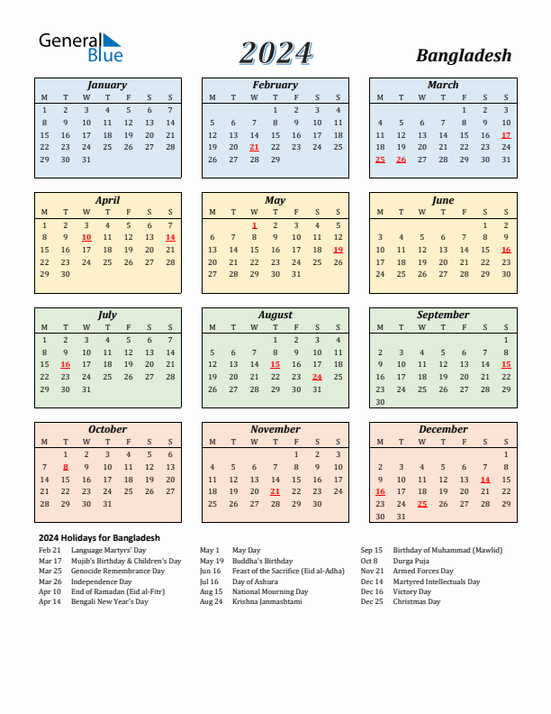Bangladesh Calendar 2024 with Monday Start
